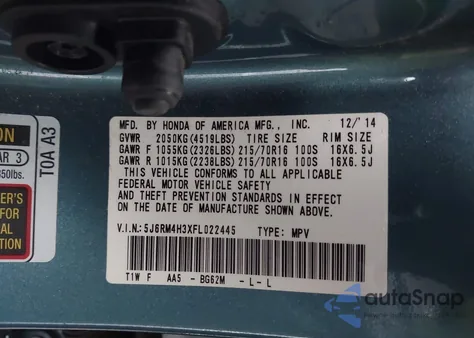 2015 Honda Cr-V Lx from USA, damaged, VIN 5J6RM4H3XFL022445